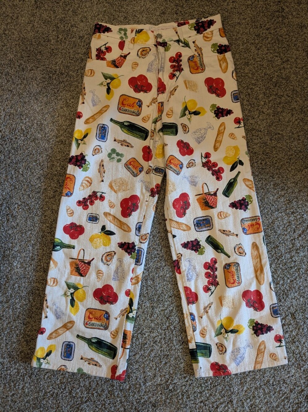 Lisa Says Gah! Food Print Cropped Pants Size 8 Tomato Lemon Sardine Wine Novelty